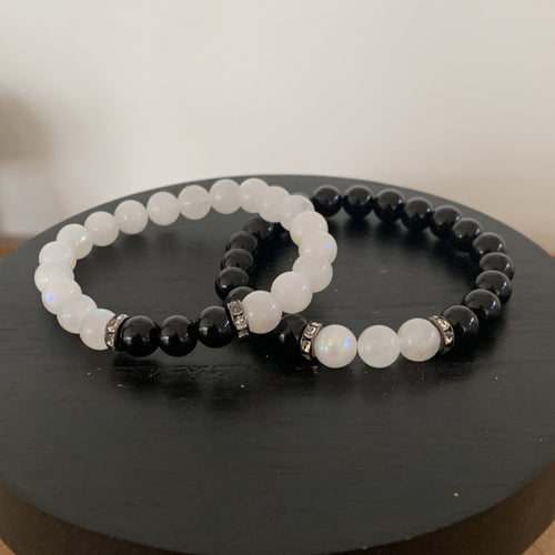 Bracelet couple pierre de lune et onyx noir, le yin et le yang
