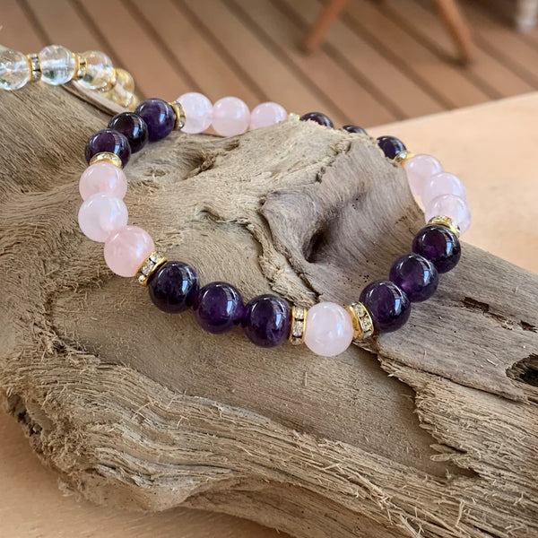 Magnifique bracelet améthyste et quartz rose en perles naturelles – Oussia