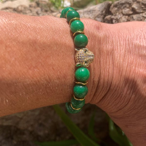 Bracelet panthère zircon, corail, jade, malachite "le wildlife"