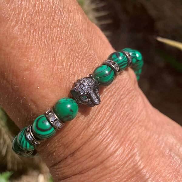 Bracelet panthère zircon, corail, jade, malachite "le wildlife"
