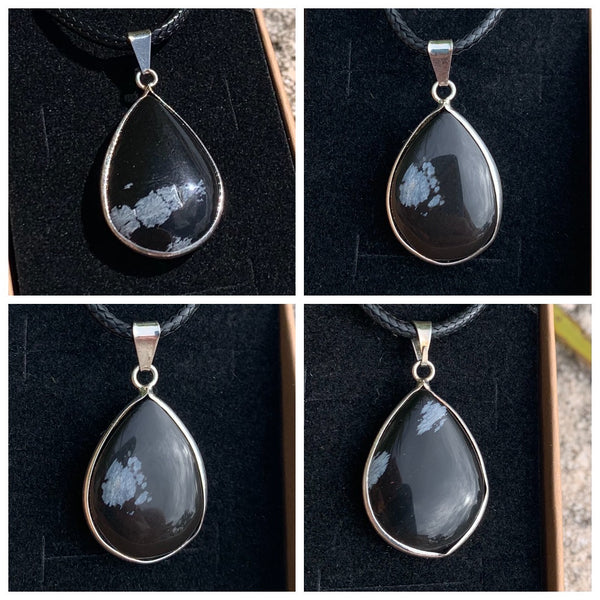 Snow obsidian pendant, silver plated Nevada obsidian