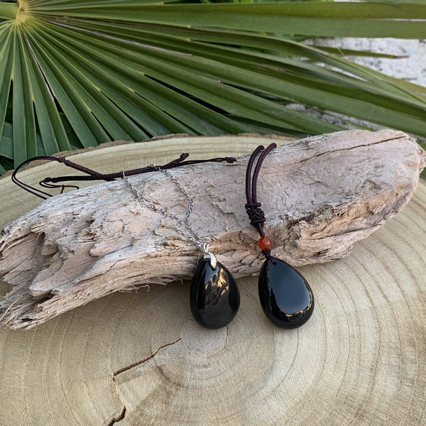 Black obsidian pendant "The powerful protection", heart and drop