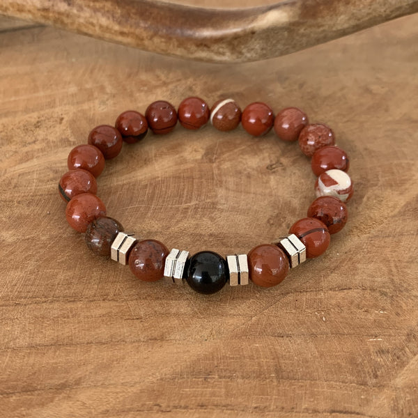 Bracelet en jaspe rouge et tourmaline noire, bracelet homme