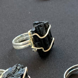 Black tourmaline ring in raw stone, adjustable